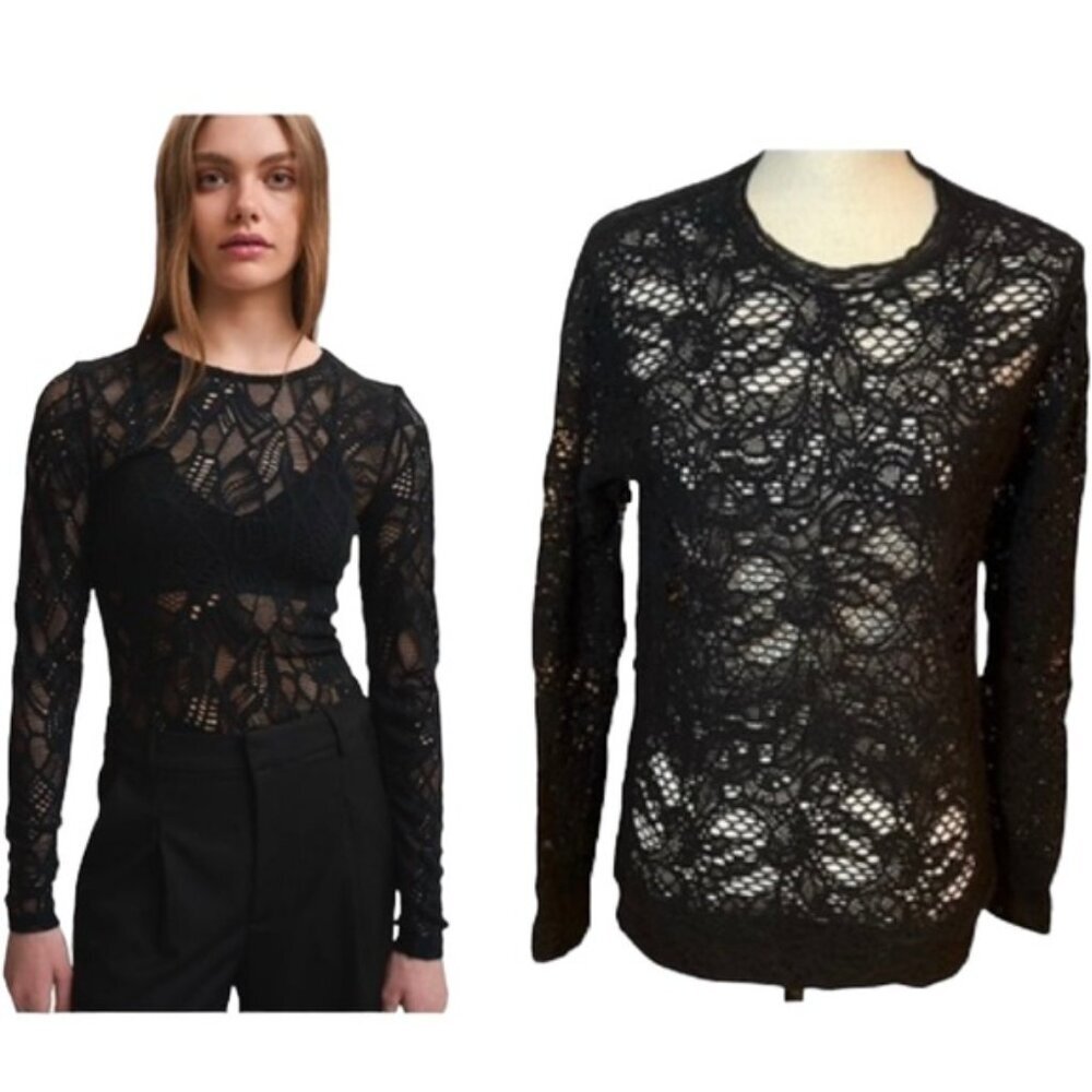 IRO Crochet Lace Cotton Blend Sweater Crew Neck Knit Long Sleeves Sheer Black 40